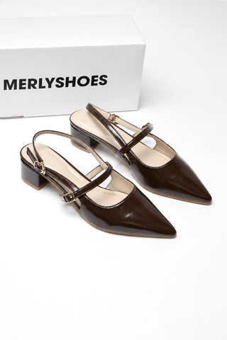 Giày Mũi Nhọn Nữ Đế Vuông 3cm Merly 1668 Nâu Espresso Bigsize 35-43, Giày Xăng Đan Bít Mũi, Giày Công Sở Nữ, Giày Cao Gót Đế Vuông, Giày Slingback, Giày Bít Mũi Đế Thấp, Giày Bít Mũi Hở Gót