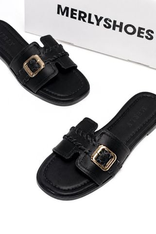 Dép Nữ Quai Ngang Bệt Da Mềm Êm Bigsize 35-43 Merly 1669 Đen Huyền, Dép Nữ Big Size, Dép Lê Nữ
