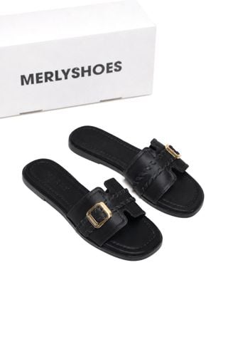 Dép Nữ Quai Ngang Bệt Da Mềm Êm Bigsize 35-43 Merly 1669 Đen Huyền, Dép Nữ Big Size, Dép Lê Nữ