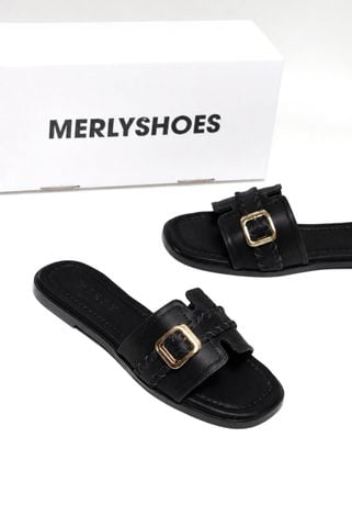 Dép Nữ Quai Ngang Bệt Da Mềm Êm Bigsize 35-43 Merly 1669 Đen Huyền, Dép Nữ Big Size, Dép Lê Nữ
