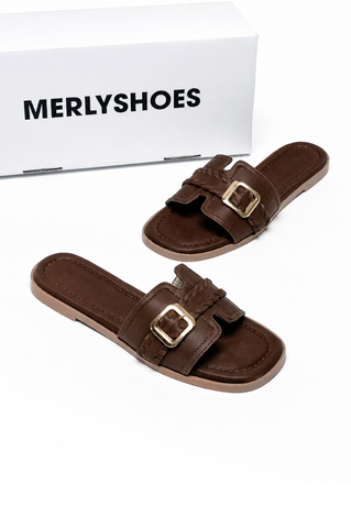 Dép Nữ Quai Ngang Bệt Da Mềm Êm Bigsize 35-43 Merly 1669 Nâu Cocoa