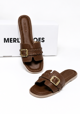Dép Nữ Quai Ngang Bệt Da Mềm Êm Bigsize 35-43 Merly 1669 Nâu Cocoa