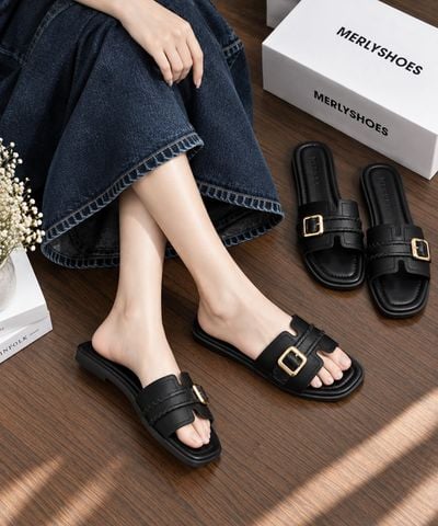 Dép Nữ Quai Ngang Bệt Da Mềm Êm Bigsize 35-43 Merly 1669 Đen Huyền, Dép Nữ Big Size, Dép Lê Nữ