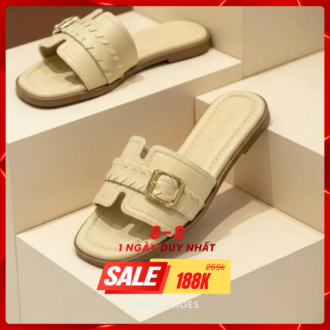 Dép Nữ Quai Ngang Bệt Da Mềm Êm Bigsize 35-43 Merly 1669 Be Kem