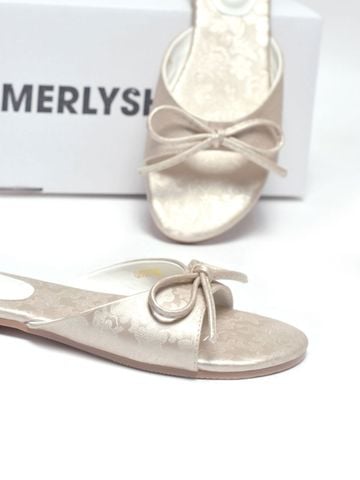 Dép Gấm Quai Ngang Nơ Xinh Merly 1670 Kem Gấm Nhũ Đồng, Dép Nữ Big Size