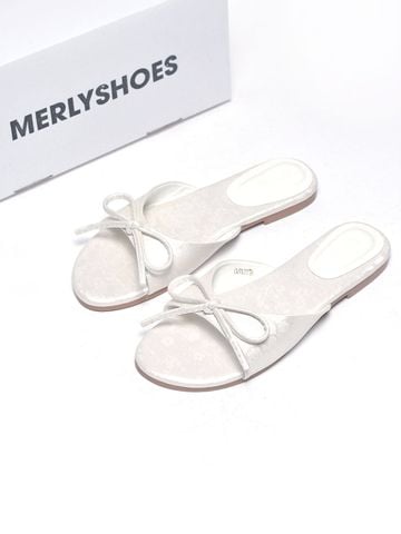 Dép Gấm Quai Ngang Nơ Xinh Merly 1670 Trắng Gấm, Dép Nữ Big Size