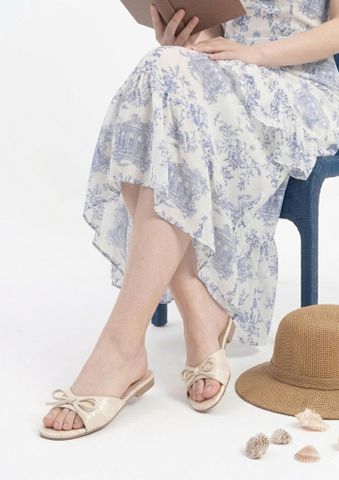 Dép Gấm Quai Ngang Nơ Xinh Merly 1670 Kem Gấm Nhũ Đồng, Dép Nữ Big Size