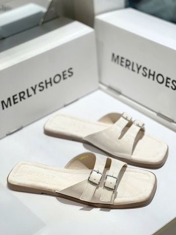 Dép Nữ Da Mềm Trắng Vân Mây Merly 1671 Trắng Kem Ivory Bản Quai Lớn Hai Khoá Ngang Che Khuyết Điểm Chân, Dép Nữ Bigsize 35-43