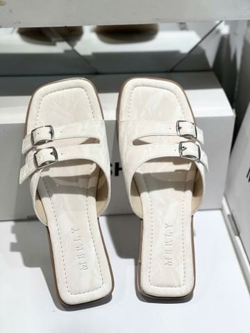 Dép Nữ Da Mềm Trắng Vân Mây Merly 1671 Trắng Kem Ivory Bản Quai Lớn Hai Khoá Ngang Che Khuyết Điểm Chân, Dép Nữ Bigsize 35-43