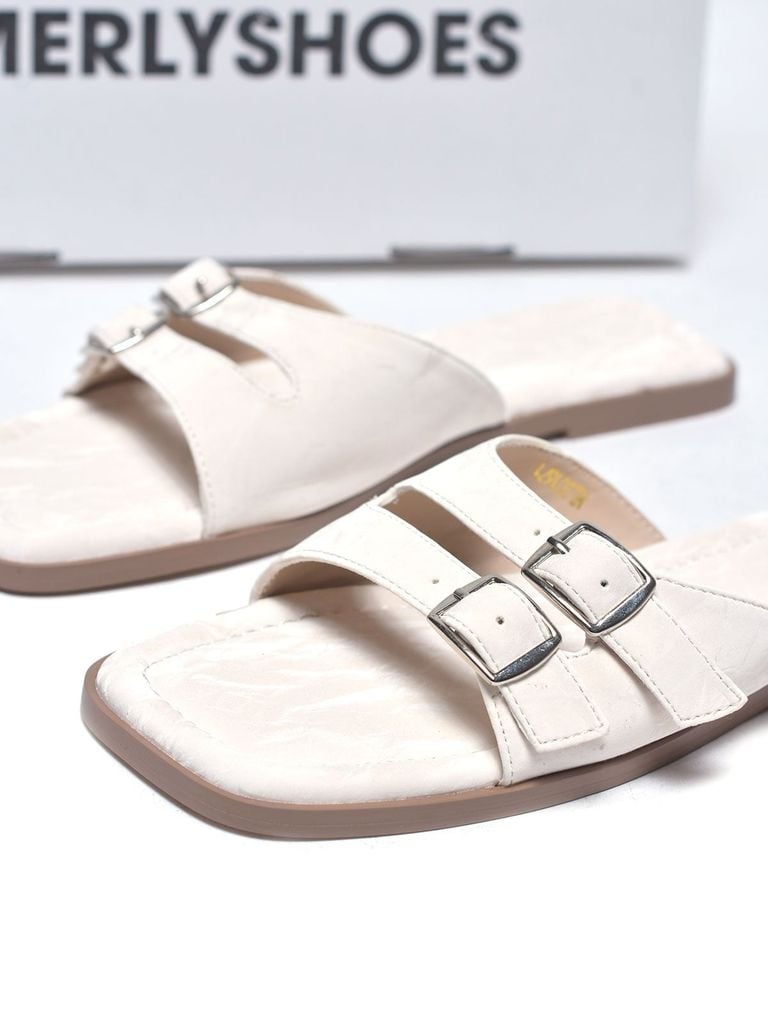 Dép Nữ Da Mềm Trắng Vân Mây Merly 1671 Trắng Kem Ivory Bản Quai Lớn Hai Khoá Ngang Che Khuyết Điểm Chân, Dép Nữ Bigsize 35-43, Dép Lê Nữ, Dép Nữ Quai Ngang