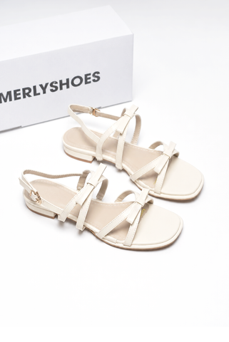 Giày Xăng Đan Nữ Gót Thấp 2cm Nơ Merly 1672 Trắng Kem Ivory
