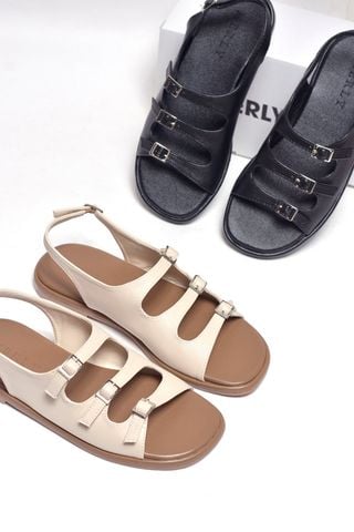 Sandal Nữ Bệt Merly 1673 Kem Sữa Mix Nâu, Xăng Đan Mũi Vuông Bầu Tròn Ôm Chân Quai Hậu, Dép Sandal Quai Ngang Nữ Big Size 35-43
