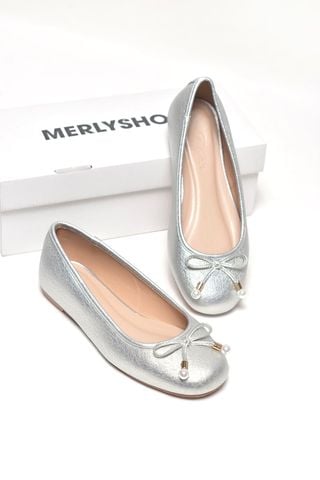 Giày Búp Bê Nữ Bạc Ánh Nhũ Nơ Ngọc Trai Merly 1674, Giày Búp Bê Đi Tiệc, Giày Búp Bê Xinh, Giày Búp Bê Nữ Mũi Tròn Êm Chân, Giày Đi Tiệc, Giày Búp Bê Big Size