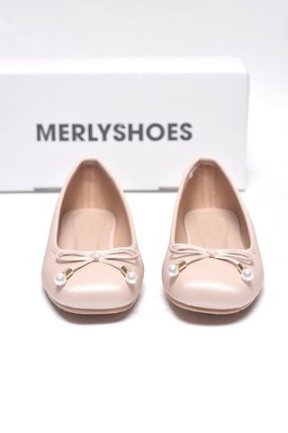 Giày Búp Bê Nữ Hồng Pastel Ánh Nhũ Nơ Ngọc Trai Merly 1674 Hồng Kem, Giày Bệt Đi Tiệc, Giày Búp Bê Xinh, Giày Búp Bê Nữ Mũi Tròn Êm Chân, Giày Đi Tiệc, Giày Búp Bê Big Size