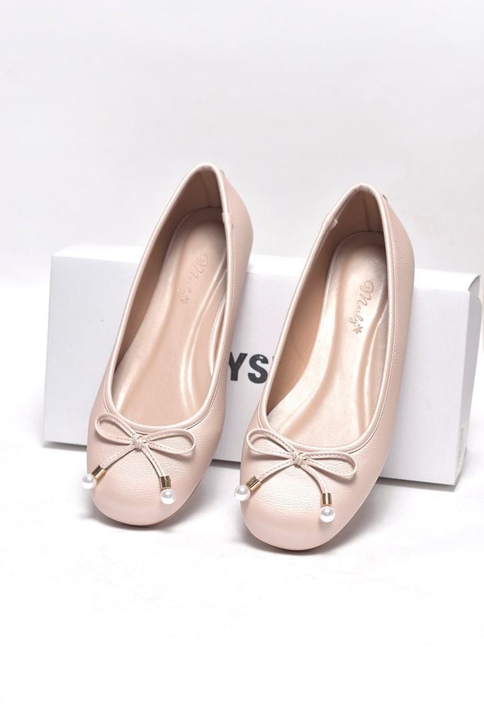 Giày Búp Bê Nữ Hồng Pastel Ánh Nhũ Nơ Ngọc Trai Merly 1674 Hồng Kem, Giày Bệt Đi Tiệc, Giày Búp Bê Xinh, Giày Búp Bê Nữ Mũi Tròn Êm Chân, Giày Đi Tiệc, Giày Búp Bê Big Size