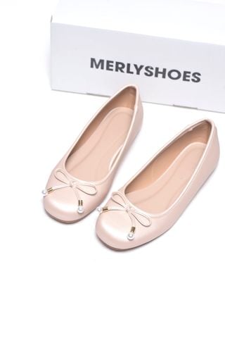 Giày Búp Bê Nữ Hồng Pastel Ánh Nhũ Nơ Ngọc Trai Merly 1674 Hồng Kem, Giày Bệt Đi Tiệc, Giày Búp Bê Xinh, Giày Búp Bê Nữ Mũi Tròn Êm Chân, Giày Đi Tiệc, Giày Búp Bê Big Size