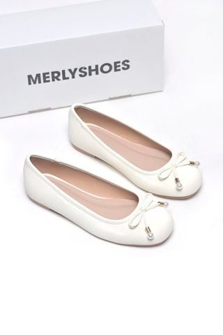 Giày Búp Bê Trắng Sữa Nơ Ngọc Trai Merly 1674, Giày Búp Bê Xinh, Giày Đi Tiệc, Giày Búp Bê Nữ Mũi Tròn Êm Chân, Giày Búp Bê Big Size