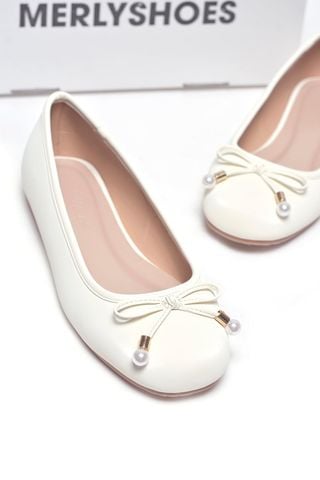 Giày Búp Bê Trắng Sữa Nơ Ngọc Trai Merly 1674, Giày Búp Bê Xinh, Giày Đi Tiệc, Giày Búp Bê Nữ Mũi Tròn Êm Chân, Giày Búp Bê Big Size