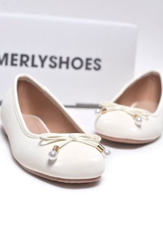 Giày Búp Bê Trắng Sữa Nơ Ngọc Trai Merly 1674, Giày Búp Bê Xinh, Giày Đi Tiệc, Giày Búp Bê Nữ Mũi Tròn Êm Chân, Giày Búp Bê Big Size