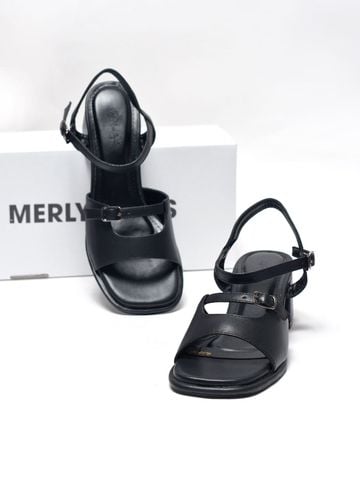 Sandal Gót Vuông 5cm Thiết Kế Quai Ngang Merly 1700 Đen Huyền, Sandal Quai Ngang, Sandal Nữ, Xăng Đan Đế Thấp 5p, Xăng Đan Nữ Bigsize
