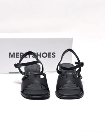Sandal Gót Vuông 5cm Thiết Kế Quai Ngang Merly 1700 Đen Huyền, Sandal Quai Ngang, Sandal Nữ, Xăng Đan Đế Thấp 5p, Xăng Đan Nữ Bigsize