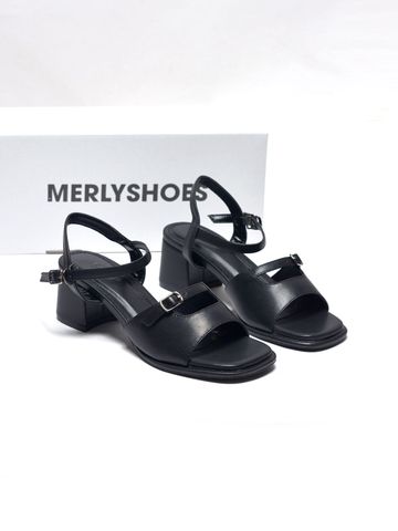 Sandal Gót Vuông 5cm Thiết Kế Quai Ngang Merly 1700 Đen Huyền, Sandal Quai Ngang, Sandal Nữ, Xăng Đan Đế Thấp 5p, Xăng Đan Nữ Bigsize