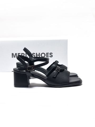 Sandal Gót Vuông 5cm Thiết Kế Quai Ngang Merly 1700 Đen Huyền, Sandal Quai Ngang, Sandal Nữ, Xăng Đan Đế Thấp 5p, Xăng Đan Nữ Bigsize
