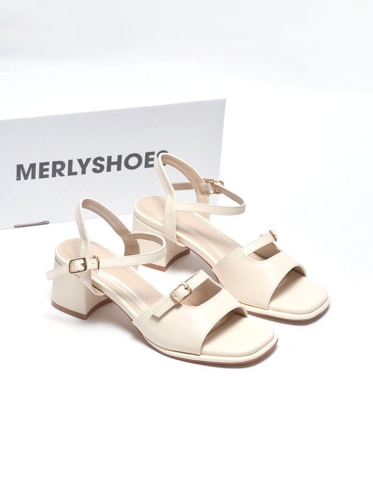 Sandal Gót Vuông 4cm Thiết Kế Quai Ngang Merly 1700 Trắng Ivory, Sandal Quai Ngang, Sandal Nữ, Xăng Đan Đế Thấp 5p, Xăng Đan Nữ Bigsize, Giày Công Sở Nữ