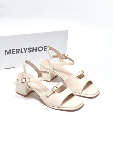 Sandal Gót Vuông 5cm Thiết Kế Quai Ngang Merly 1700 Trắng Ivory
