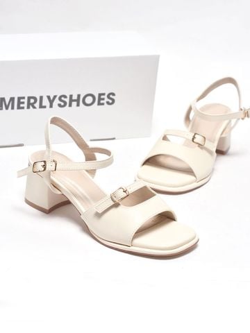 Sandal Gót Vuông 5cm Thiết Kế Quai Ngang Merly 1700 Trắng Ivory, Sandal Quai Ngang, Sandal Nữ, Xăng Đan Đế Thấp 5p, Xăng Đan Nữ Bigsize