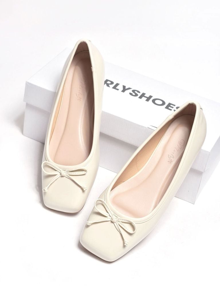 Giày Búp Bê Nơ Xinh Merly 1702 Trắng Ivory Bigsize 35-43, Giày Búp Bê Mũi Vuông, Giày Bệt Nữ, Giày Công Sở Nữ Bệt Êm Chân