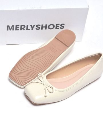 Giày Búp Bê Nơ Xinh Merly 1702 Trắng Ivory Bigsize 35-43, Giày Búp Bê Mũi Vuông, Giày Bệt Nữ, Giày Công Sở Nữ Bệt Êm Chân