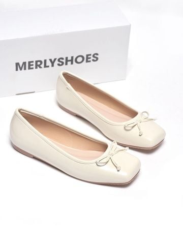 Giày Búp Bê Nơ Xinh Merly 1702 Trắng Ivory Bigsize 35-43, Giày Búp Bê Mũi Vuông, Giày Bệt Nữ, Giày Công Sở Nữ Bệt Êm Chân