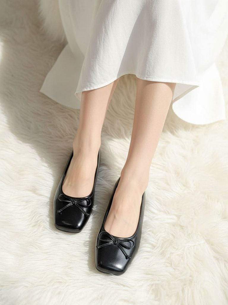 Giày Búp Bê Nơ Xinh Merly 1702 Đen Huyền Bigsize 35-43, Giày Búp Bê Mũi Vuông, Giày Bệt Nữ, Giày Công Sở Nữ Bệt Êm Chân