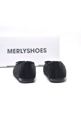 Giày Búp Bê Nơ Nhỏ Merly 1703 Đen Huyền Chần Trám Thủ Công Phom Mũi Tròn Êm Chân, Giày Bệt Nữ Big Size 35-43