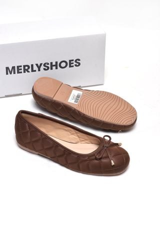 Giày Búp Bê Nơ Nhỏ Merly 1703 Nâu Cocoa Chần Trám Thủ Công Phom Mũi Tròn Bệt Êm Chân, Giày Nữ Bigsize 35-43