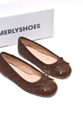 Giày Búp Bê Nơ Nhỏ Merly 1703 Nâu Cocoa Chần Trám Thủ Công Phom Mũi Tròn Bệt Êm Chân, Giày Nữ Bigsize 35-43