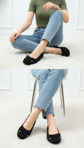 Giày Búp Bê Chần Chỉ Mũi Tròn Basic Merly 1703 Đen Huyền, Giày Bệt Êm Chân, Giày Nữ Bigsize 35-43