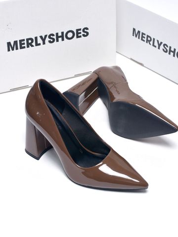 Giày Cao Gót Nâu Đế Vuông 10cm Mũi Nhọn Merly 1706 Nâu Taupe Bóng Bigsize 35-43, Giày Cao Gót Bigsize, Giày Cao Gót Mũi Nhọn, Giày Cao Gót 10cm, Giày Công Sở Nữ, Giày Bít Mũi Nữ