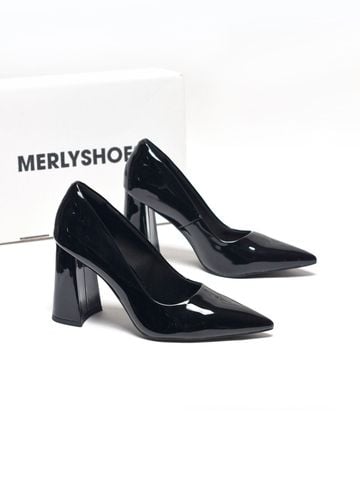 Giày Cao Gót Đen Đế Vuông 10cm Merly 1706 Đen Onyx Bóng Bigsize 35-43, Giày Cao Gót Đen Mũi Nhọn, Giày Cao Gót Big Size, Giày Cao Gót 10cm, Giày Đi Tiệc, Giày Bít Mũi Nữ, Giày Công Sở Nữ