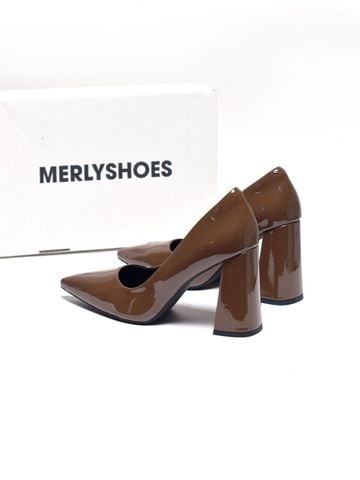 Giày Cao Gót Nâu Đế Vuông 10cm Mũi Nhọn Merly 1706 Nâu Taupe Bóng Bigsize 35-43, Giày Cao Gót Bigsize, Giày Cao Gót Mũi Nhọn, Giày Cao Gót 10cm, Giày Công Sở Nữ, Giày Bít Mũi Nữ