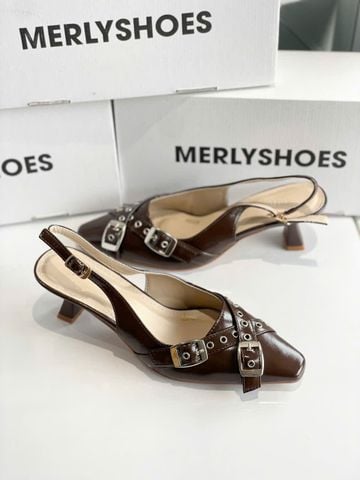 Giày Slingback Mũi Vuông Gót 5cm Merly 1664 Nâu Espresso Bigsize 35-43 Thiết Kế Phối Khóa Mũi Giúp Thọn Mũi Chân, Giày Công Sở Nữ, Giày Cao Gót 5cm, Giày Nữ Gót Thấp