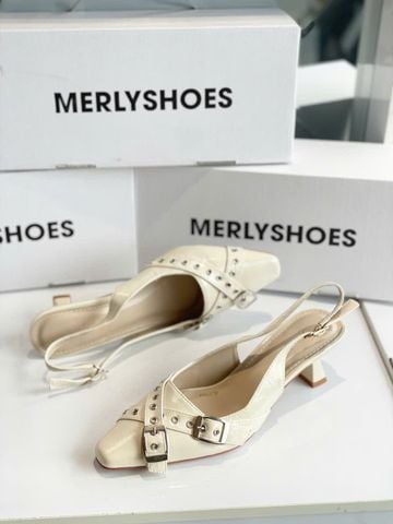 Giày Slingback Mũi Vuông Gót 5cm Merly 1664 Kem Sứ Ivory Bigsize 35-43 Thiết Kế Phối Khóa Mũi Giúp Thọn Mũi Chân, Giày Công Sở Nữ, Giày Cao Gót 5cm, Giày Nữ Gót Thấp