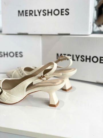 Giày Slingback Mũi Vuông Gót 5cm Merly 1664 Kem Sứ Ivory Bigsize 35-43 Thiết Kế Phối Khóa Mũi Giúp Thọn Mũi Chân, Giày Công Sở Nữ, Giày Cao Gót 5cm, Giày Nữ Gót Thấp