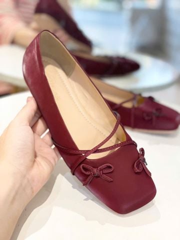 Giày Búp Bê Nơ Đan Dây Chéo Tiểu Thư Merly 1653 Đỏ Burgundy, Giày Bệt Mũi Vuông Đính Nơ Xinh, Giày Búp Bê Quai Ngang, Giày Búp Bê Big Size 35-43