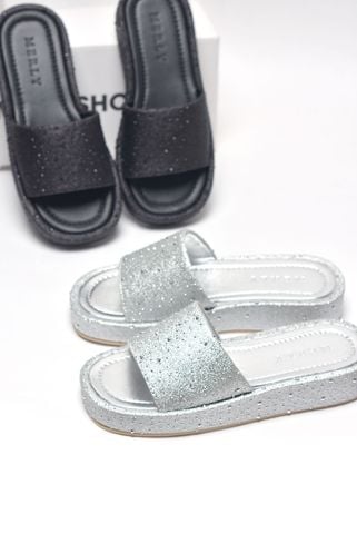 [NEW] Dép Bánh Mì Nữ Bạc Đá Merly 1651 Quai Ngang Da Đính Hạt Lấp Lánh Đế Cao 3cm Bản Quai Lớn Mút Nhẹ , Platform Sandals, Dép Nữ Quai Ngang, Dép Nữ Big Size, Dép Bánh Mì Nữ Bigsize