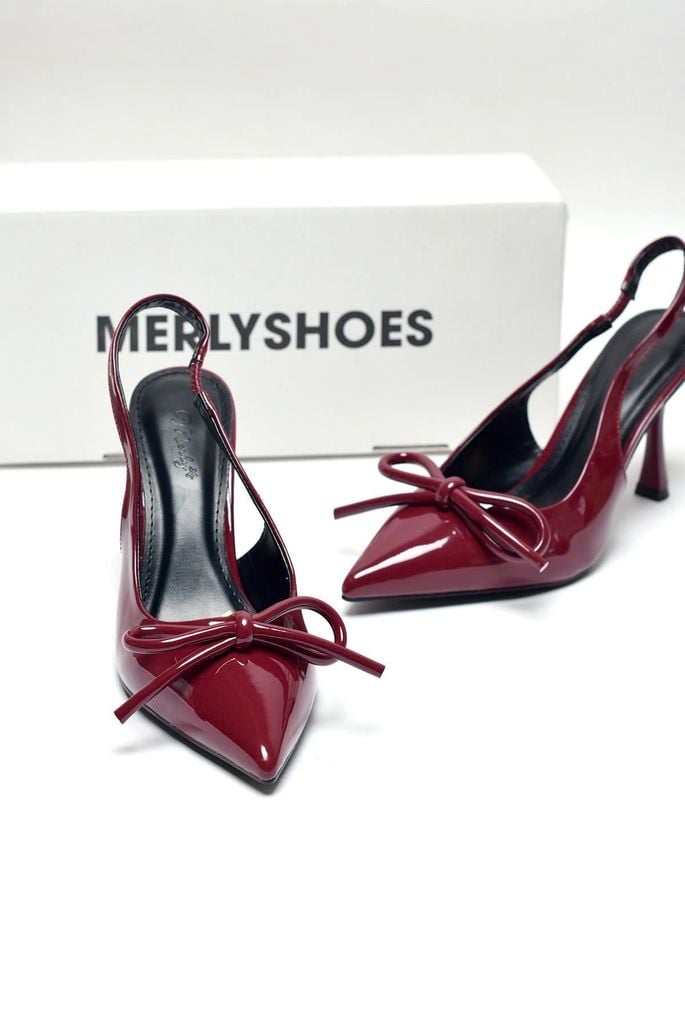 [SL Giới Hạn] Giày Cao Gót Đỏ Nơ Slingback Mũi Nhọn Merly 1634-9p Đỏ Bóng Gót Nhọn 9cm, Giày Đi Tiệc, Giày Công Sở Nữ, Giày Cao Gót Big Size, Giày Cao Gót Mặc Áo Dài