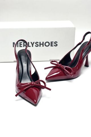 [TẾT] Giày Cao Gót Đỏ Nơ Slingback Mũi Nhọn Merly 1634-9p Đỏ Bóng Gót Nhọn 9cm, Giày Đi Tiệc, Giày Công Sở Nữ, Giày Cao Gót Big Size, Giày Cao Gót Mặc Áo Dài