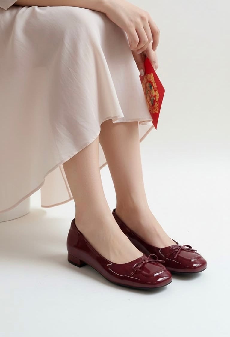 [New Color] Giày Búp Bê Đỏ Mũi Vuông Nơ Merly 1482 Đỏ Cherry Phong Cách Tiểu Thư, Giày Bít Mũi Nữ, Giày Công Sở Nữ, Giày Bệt Big Size, Giày Búp Bê Bigsize