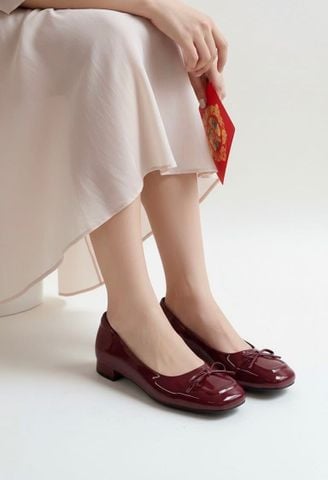 [New Color] Giày Búp Bê Đỏ Mũi Vuông Nơ Merly 1482 Đỏ Cherry Phong Cách Tiểu Thư, Giày Bít Mũi Nữ, Giày Công Sở Nữ, Giày Bệt Big Size, Giày Búp Bê Bigsize